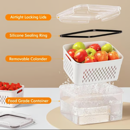Household transparent plastic food storage box-Including drain basket