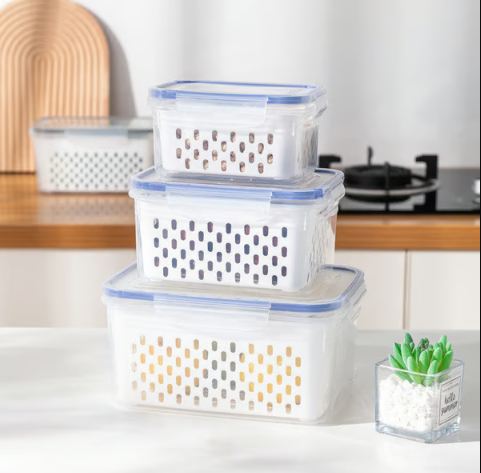 Household transparent plastic food storage box-Including drain basket