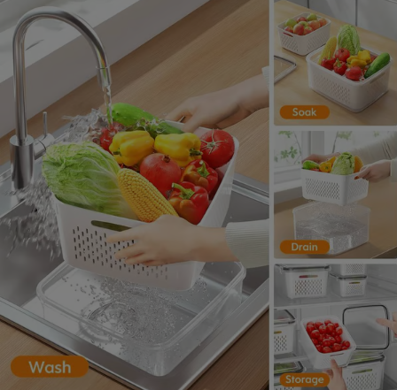 Household transparent plastic food storage box-Including drain basket